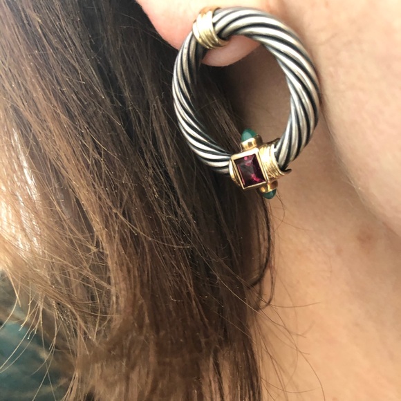 David Yurman 14K Sterling Gemstone Cable Earrings - Picture 8 of 12